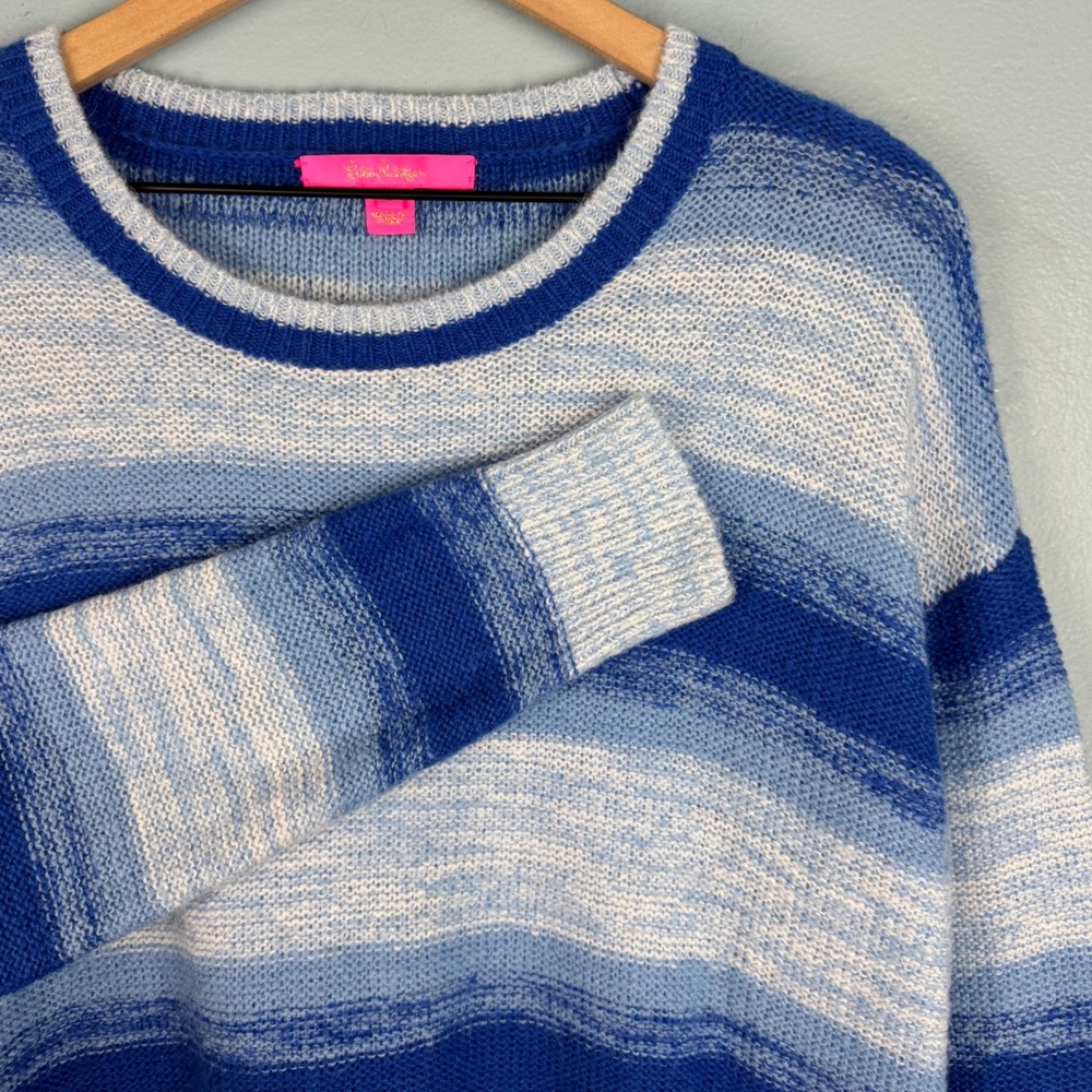 Lilly Pulitzer Wool Blend Sweater Women's Large Blue White Striped Crew‎ Neck